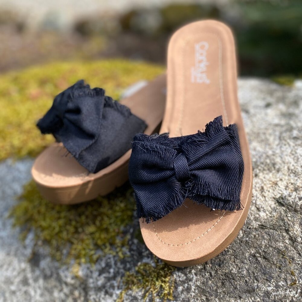 Corkys Spray Tan Sandals in Black Canvas